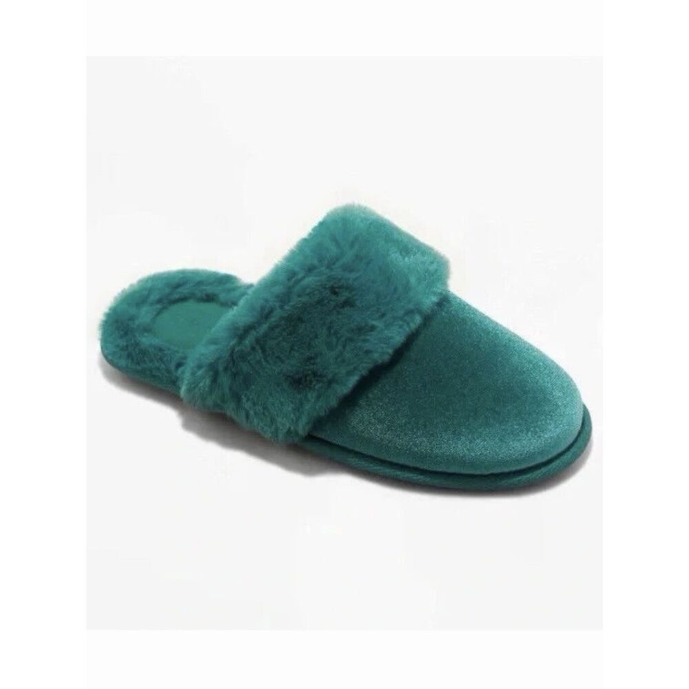 Auden Emerald Teal Green Velvet Fur Slip In Slippers Size L (9-10) NWOT Cozy